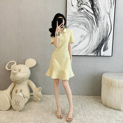 法式小香风黄色短袖连衣裙女夏季新款气质修身显瘦减龄a字短裙子