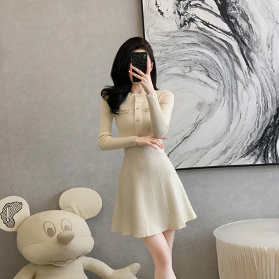 收腰针织小香风纯色百搭口袋