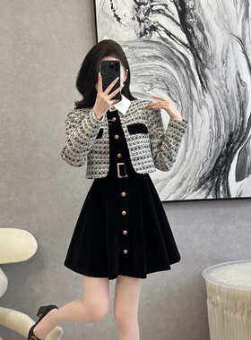 法式小香风黑色假两件连衣裙女秋冬季高级感气质显瘦纽扣a字裙子