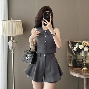 婷澈学院风娃娃领无袖马甲短裤套装女夏季新款减龄两件套时尚套装