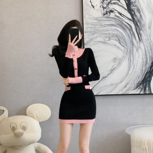 优雅气质拼色圆领包臀裙子 新品 小香风修身 显瘦针织连衣裙女秋冬季