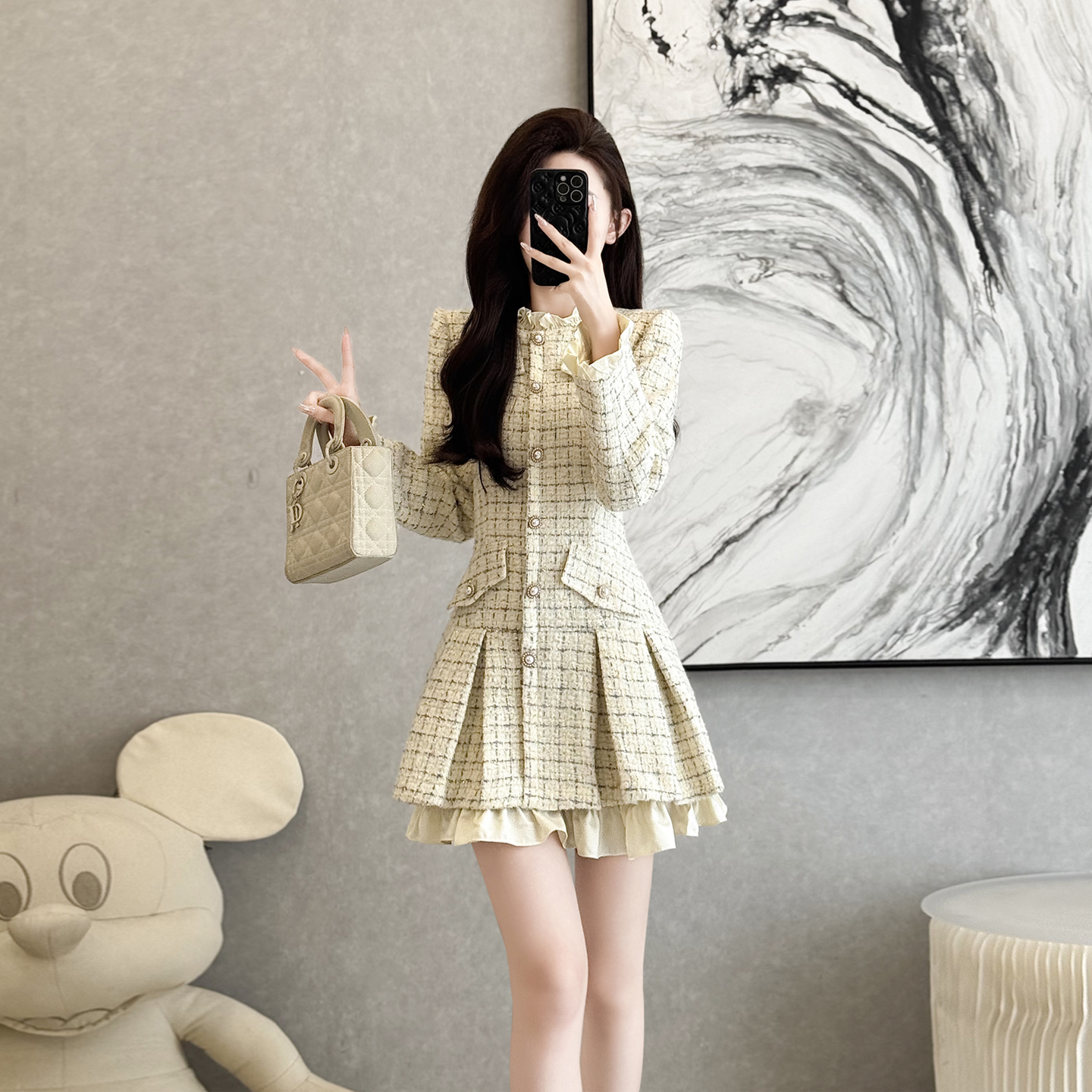 法式小香风粗花呢连衣裙