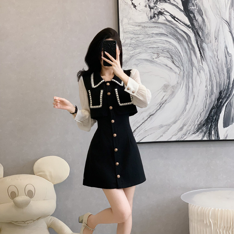 法式学院风假两件撞色长袖连衣裙女秋季高级感甜美气质显瘦a字裙