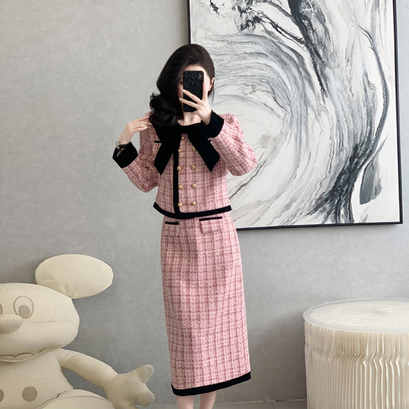 小香风粉色格子套装裙女2025年春秋季新款蝴蝶结短外套长裙两件套