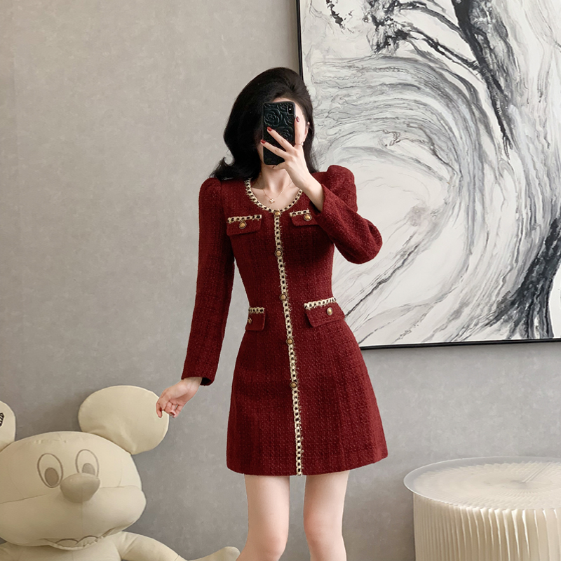 洋气毛呢连衣裙纯色小香风