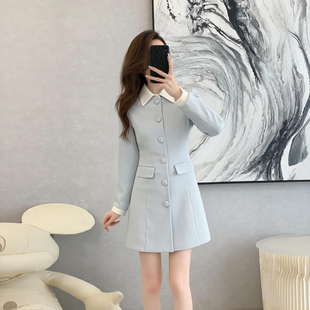 千金风气质蓝色连衣裙女早春装新款高级感翻领排扣收腰短款A字裙