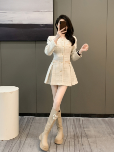 高端亮丝小香风毛呢连衣裙女秋冬季 气质收腰显瘦百褶短裙子小个子