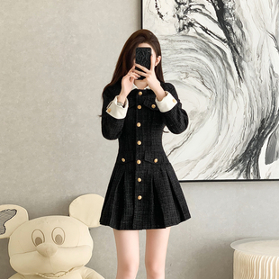赫本风小香风粗花呢连衣裙女秋冬设计感收腰千金风小个子黑色裙子