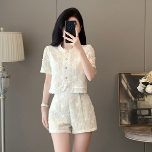 小香风时尚 女夏季 法式 套装 两件套 新款 高级感轻奢显瘦蕾丝上衣短裤