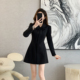 千金风黑色翻领长袖 连衣裙女秋冬季 收腰显瘦高级感优雅气质短裙子