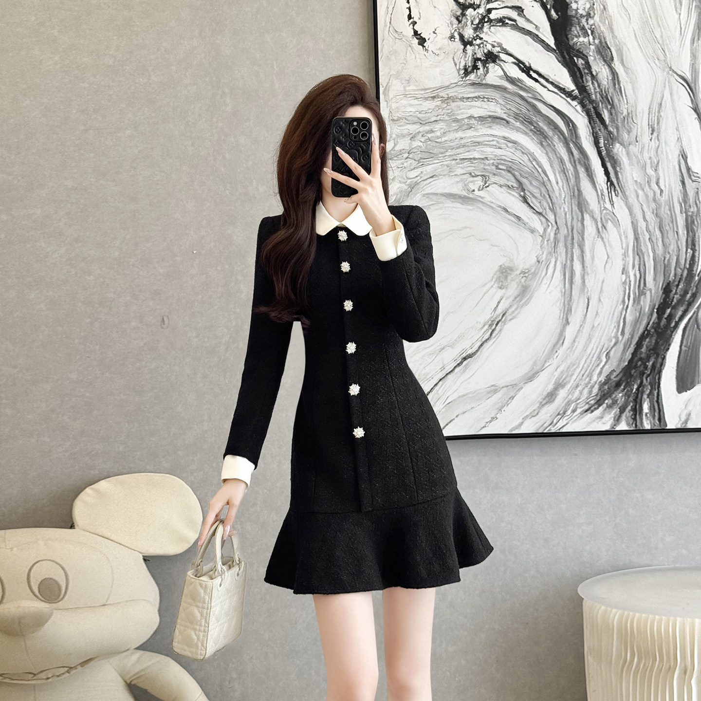 法式千金风黑色翻领连衣裙女秋冬季重工剪裁排扣鱼尾裙摆小香风,女装/女士精品,连衣裙,淘宝优惠券,粉丝福利购,淘宝优惠卷