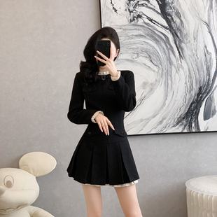 法式小香风连衣裙女秋冬季新款黑白撞色长袖百褶裙子赫本风小黑裙