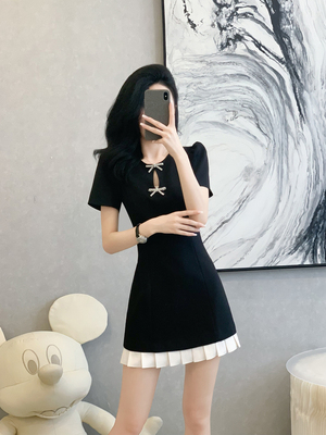 法式a字裙涤纶撞色压褶