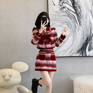 女秋冬季 子毛呢外套套装 高级感新年战袍半身裙两件套 小香风格 法式