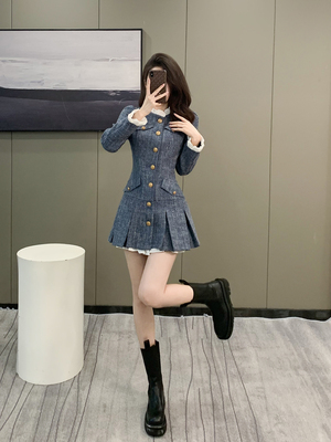 小香风a字裙涤纶纯色荷叶边