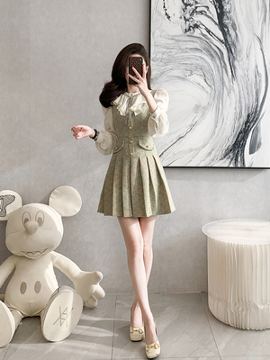 小香风百褶裙涤纶撞色假两件