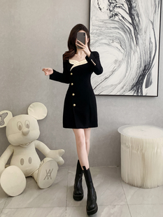新款 连衣裙女2024春装 通勤气质优雅显瘦小黑裙 西装 高级感撞色长袖