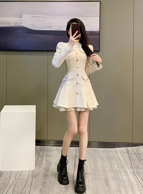 小香风富家千金粗花呢连衣裙女秋冬装新款高冷御姐风白色温柔裙子