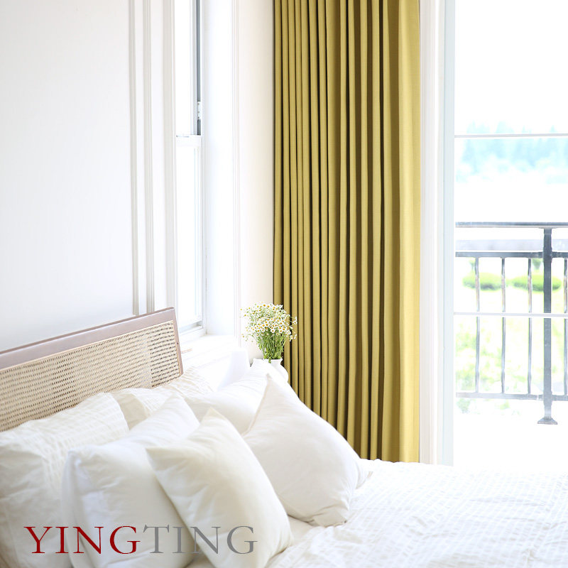 Sellin塞林 柠檬黄韩式全遮光送高温定型麻环保水洗纯色窗帘定制