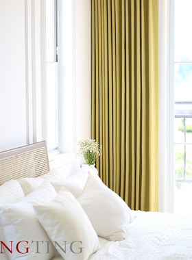 Sellin塞林 柠檬黄韩式全遮光送高温定型麻环保水洗纯色窗帘定制