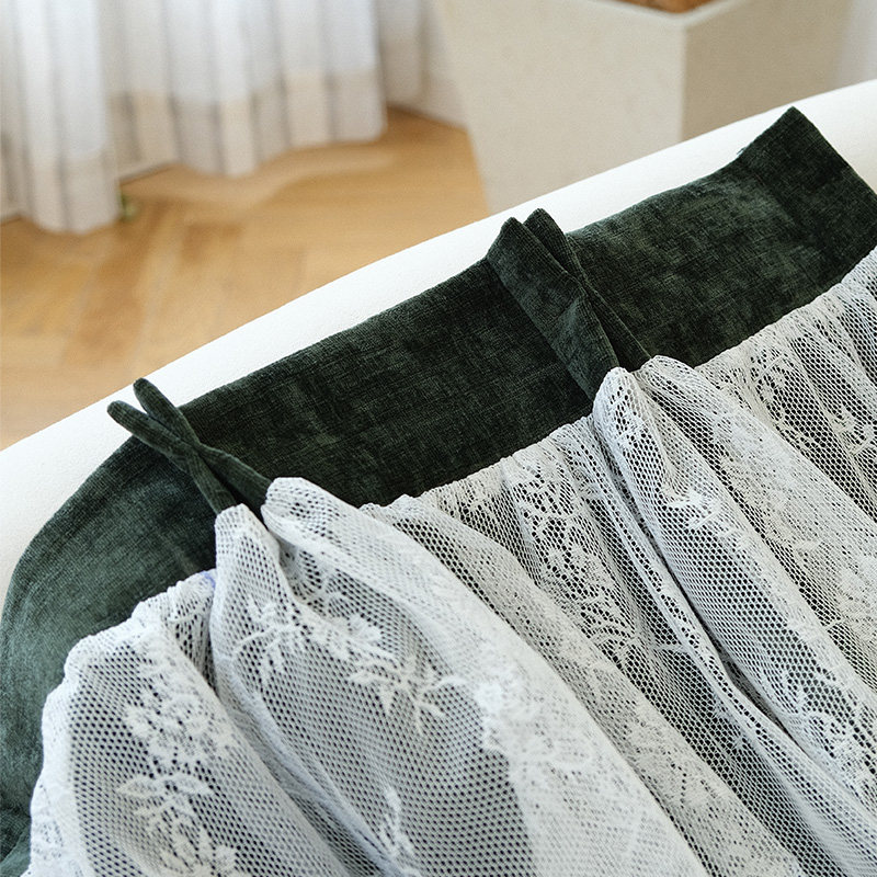 Branson布兰森 日式森系绿色蕾丝拼接简约轻奢雪尼尔遮光窗帘定制