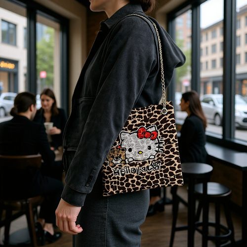2025新款时尚百搭单肩斜挎包女豹纹kt猫手拿包高级感通勤包