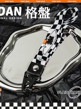 SDAN黑白格子棋盘手机挂绳挂脖防丢手腕短绳耐用钥匙扣泰迪熊挂件