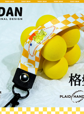 SDAN格子棋盘手机挂绳挂脖防丢手腕短绳紫色耐用钥匙扣泰迪熊挂件