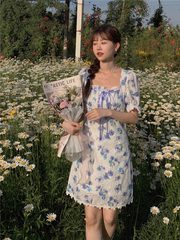 New sweet print embroidered Square Neck bow tie dress