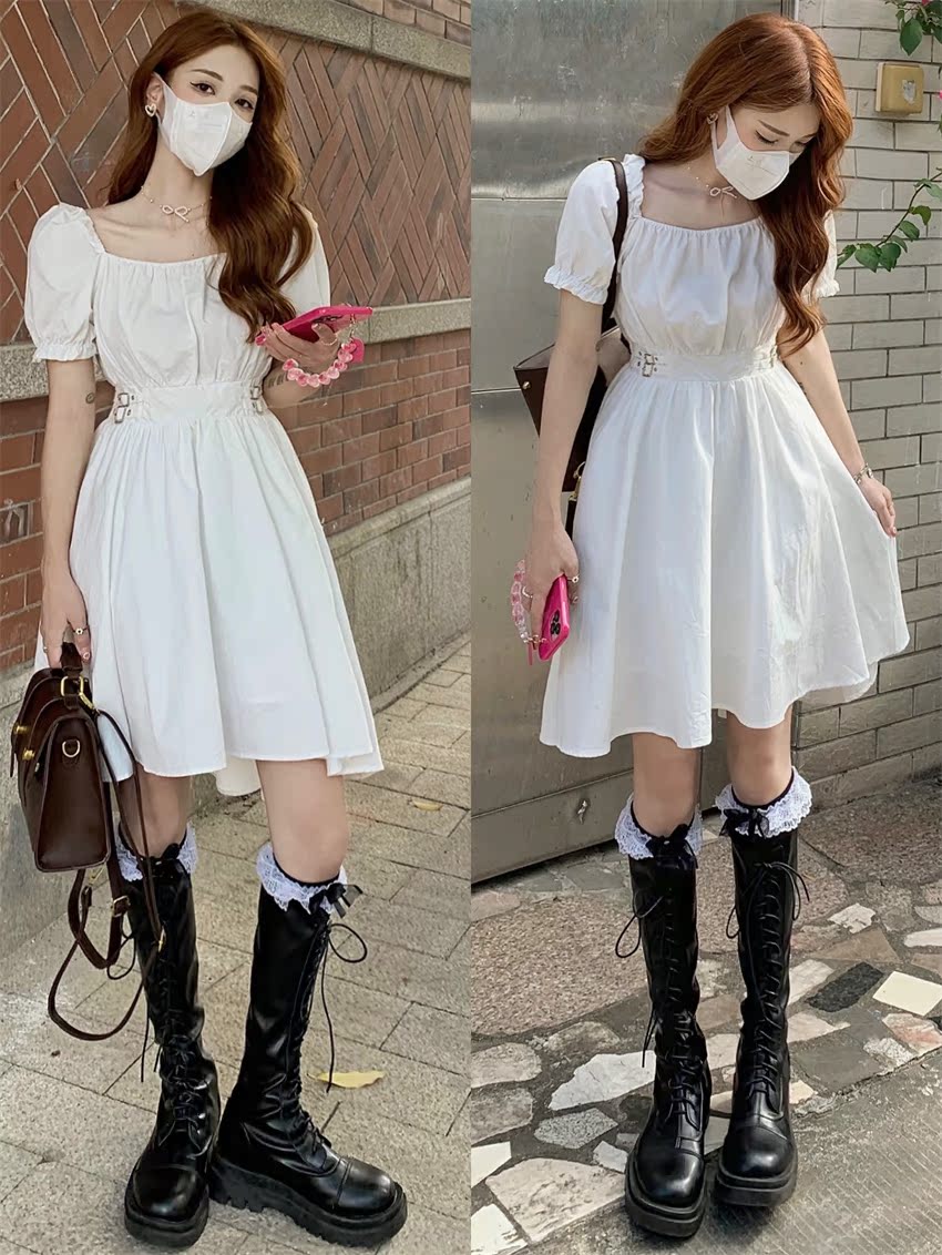 New irregular square neck bubble sleeve dress with A-line skirt