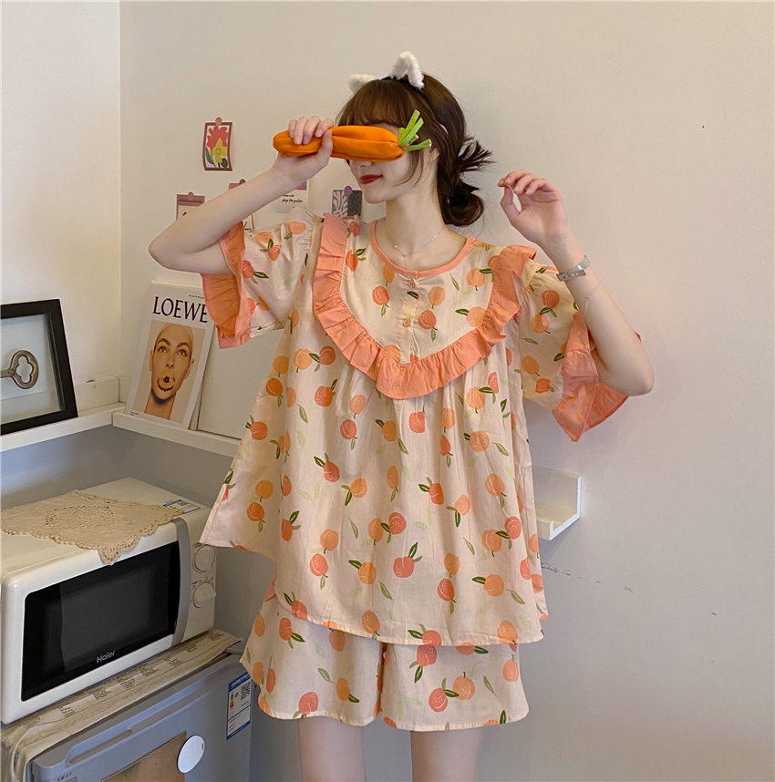 Real shot sweet lotus leaf fruit print short sleeve shorts suit home pajamas