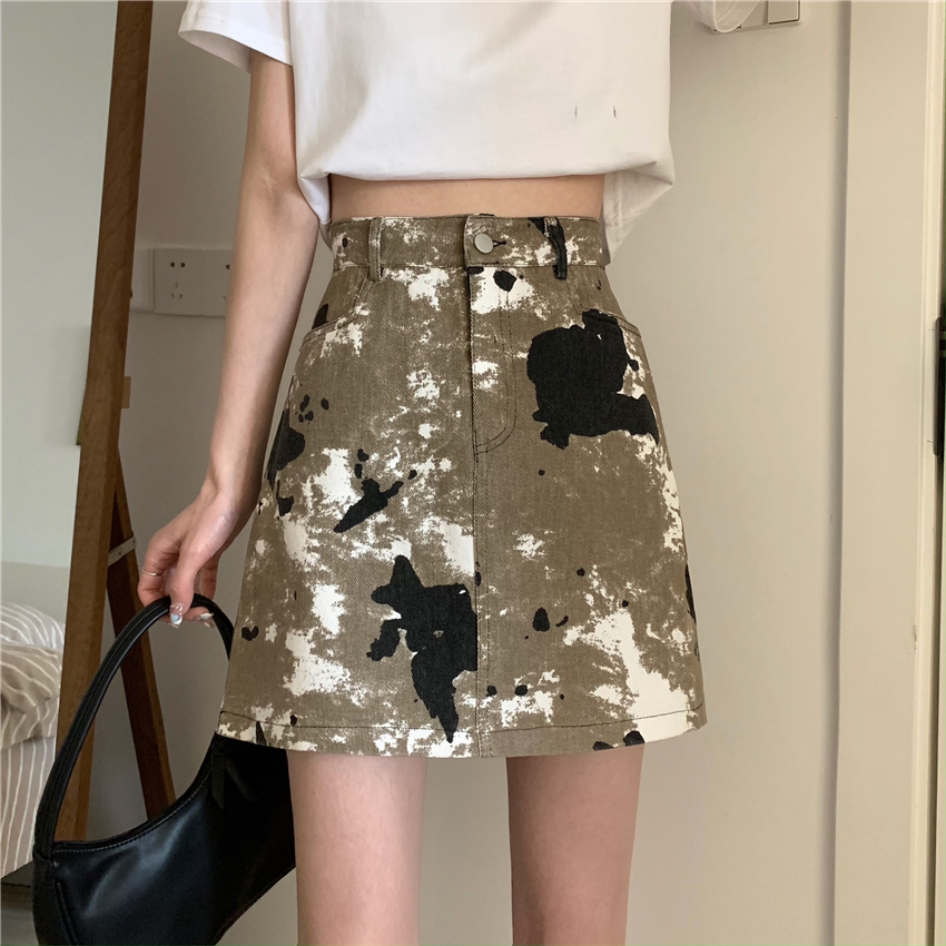 Real shot new slim tie dyed high waist skirt with buttock skirt and denim skirt