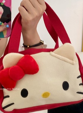 红色kitit猫手提包卡通少女心日系可爱洗漱包便携带饭包帆布包袋