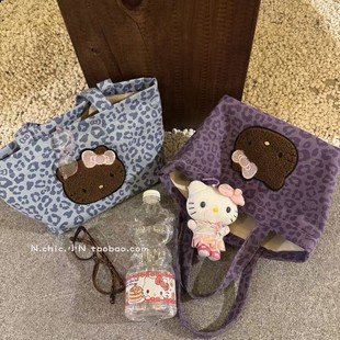 高颜值豹纹黑皮KT猫帆布托特包女单肩手提包可爱大容量通勤包包