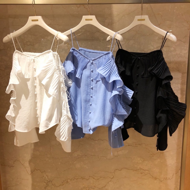 CICI家 2018夏季新款 日韩版女装甜美露肩荷叶边吊带雪纺衫女1841