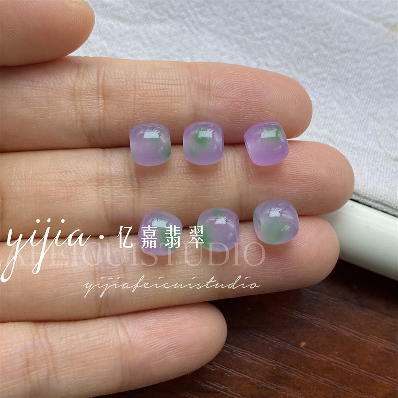 缅甸翡翠冰种紫罗兰飘翠绿花桶珠春彩散珠老型珠DIY玉石配珠一对