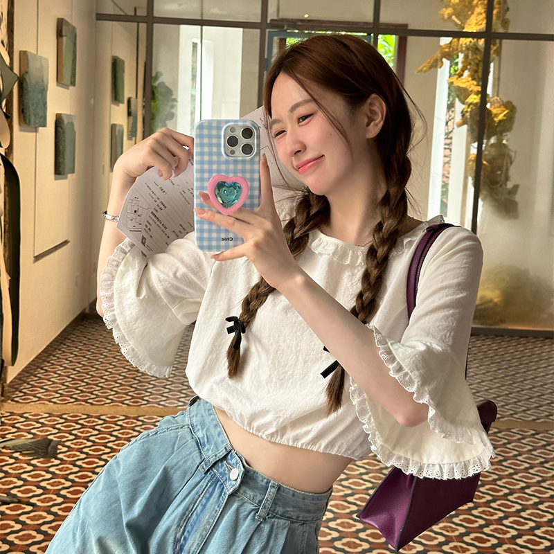 肉完 告白信｜浪漫蕾丝花边微喇叭袖短款棉麻衬衫女夏季2023新款