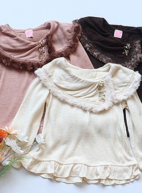 FH4-3秋冬日单axes女童娃娃衫毛边大领长袖针织打底衫