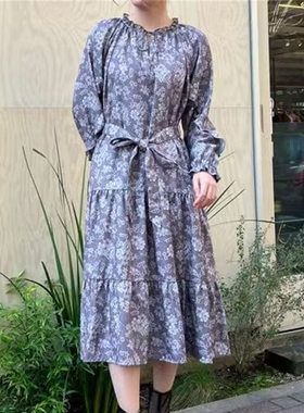 FE2-3日本原单田园风axe*花朵图案长袖连衣裙