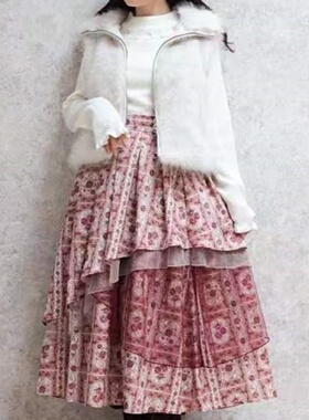 FB2-1日本原单新品女士印花彩绘玻璃图案不对称廓形A字裙半身裙