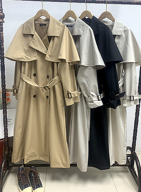 FL2-2日单春秋收腰绑带中长款显瘦双排扣宽松肩片式减龄风衣外套