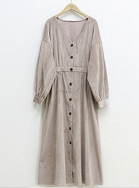 FF4-2日新新款秋季复古V领单排扣法式减龄收腰灯芯绒显瘦连衣裙