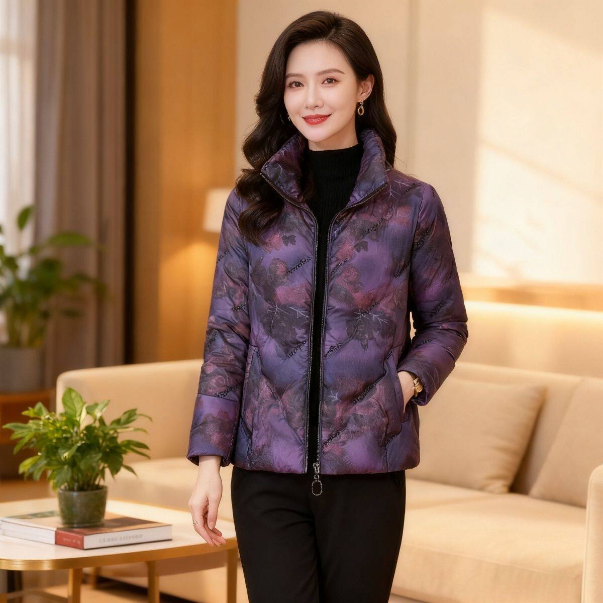 羽绒服女短款2025冬新款修身显瘦白鸭绒保暖外套咖色时尚印花