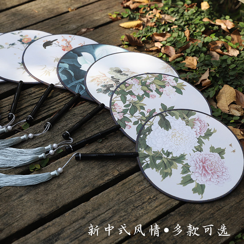 古扇团扇宫扇榉木柄圆扇女式复古工艺扇子单面印花古装汉服舞蹈扇_虎窝淘