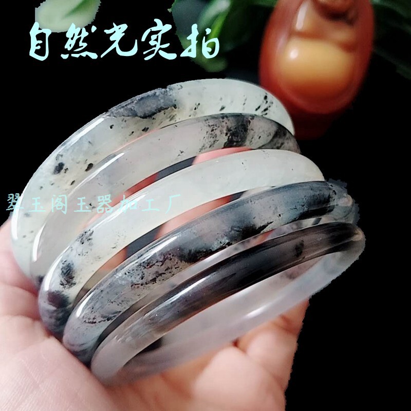 【特价】E天然岫玉叮当手镯冰透水墨青花烟花玉镯一物一图