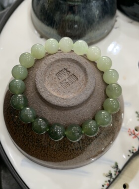 【和田玉手串送证书】渐变天然晴水素圈冰晴湖水绿单珠约10mm