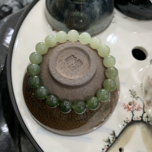 【和田玉手串送证书】渐变天然晴水素圈冰晴湖水绿单珠约10mm