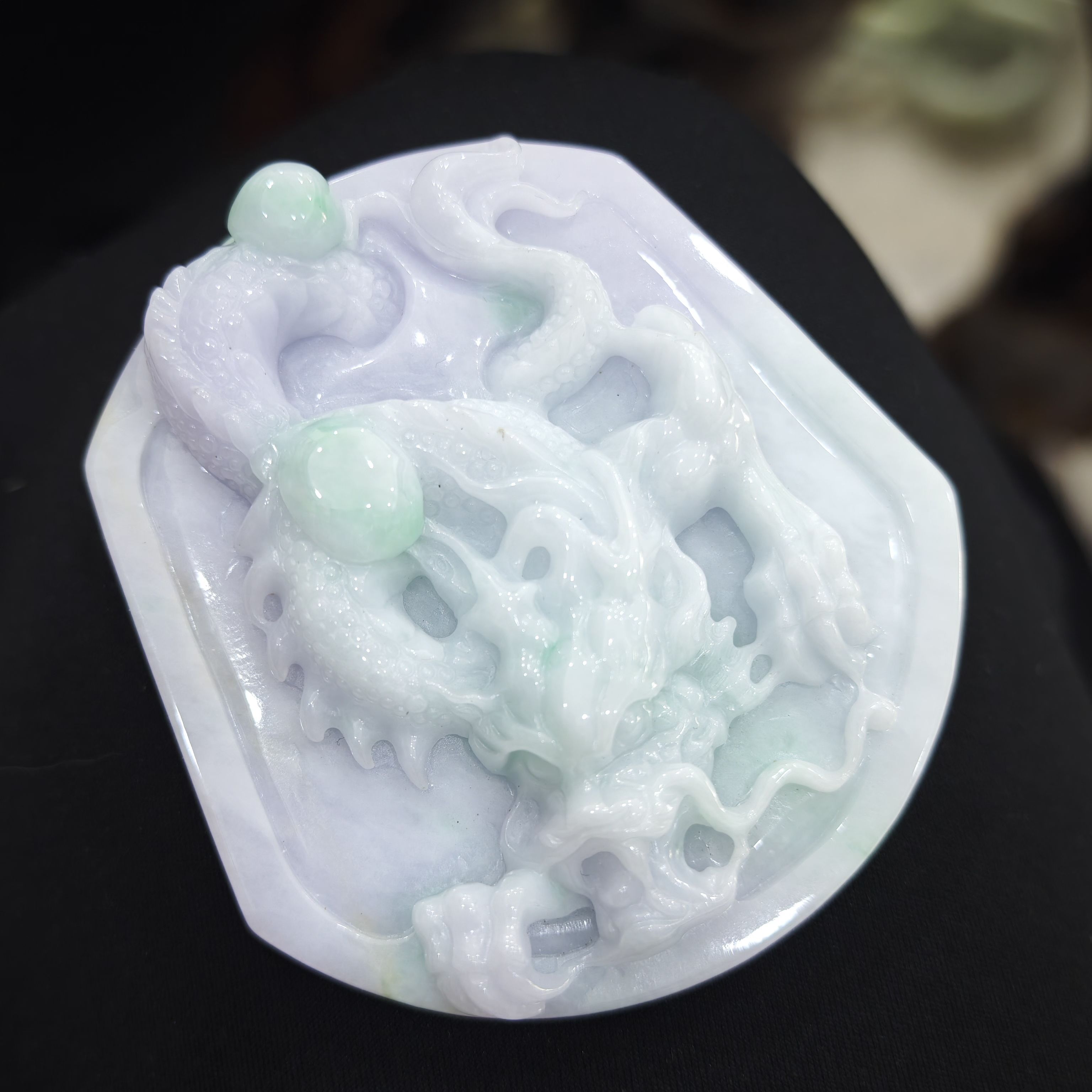 天然a货翡翠大气龙牌福禄寿三彩浓郁紫罗兰阳绿70*65*16mm可收藏