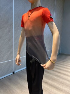 盛佳舞服SJSK拉丁舞男孩网纱上衣渐变色短袖
