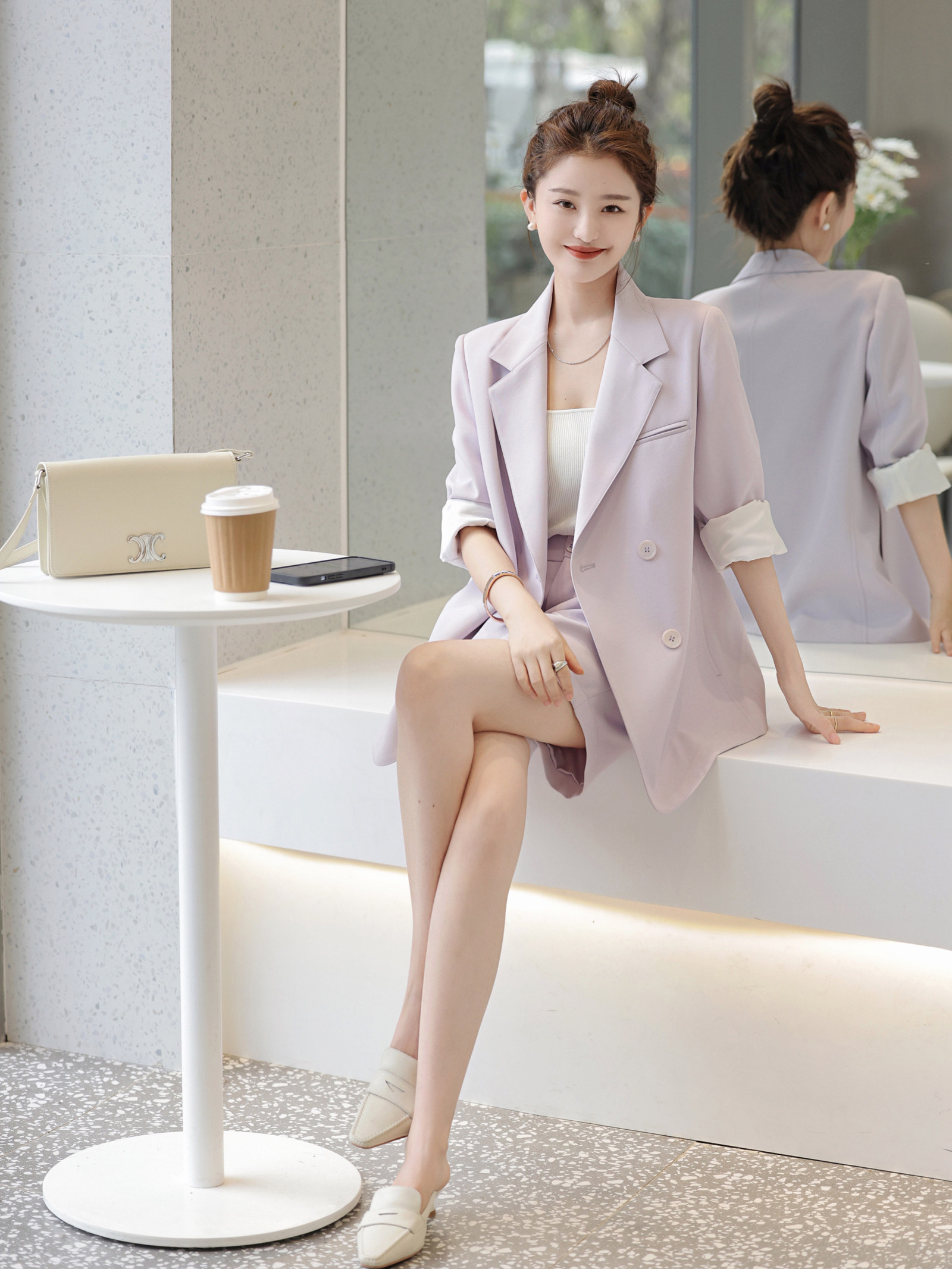 DAXI 집에서 만든 [준비 재고] 얼음과 눈의 아름다움 정장 ? 레트로 재킷 하이 웨이스트 반바지 여성을위한 새로운 패션 정장